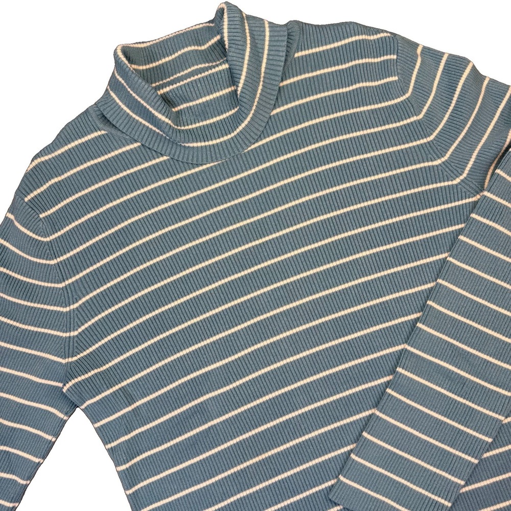 Coldwater Creek Women's Blue White Stipe Ribbed Turtleneck Pullover Sweater M